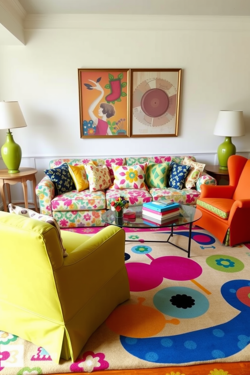 A vibrant living room filled with playful patterns in cushions. The sofa is adorned with a mix of floral and geometric prints, creating a lively atmosphere. Brightly colored accent chairs complement the design, each featuring unique fabric patterns. A large area rug with a whimsical design anchors the space, adding warmth and texture.