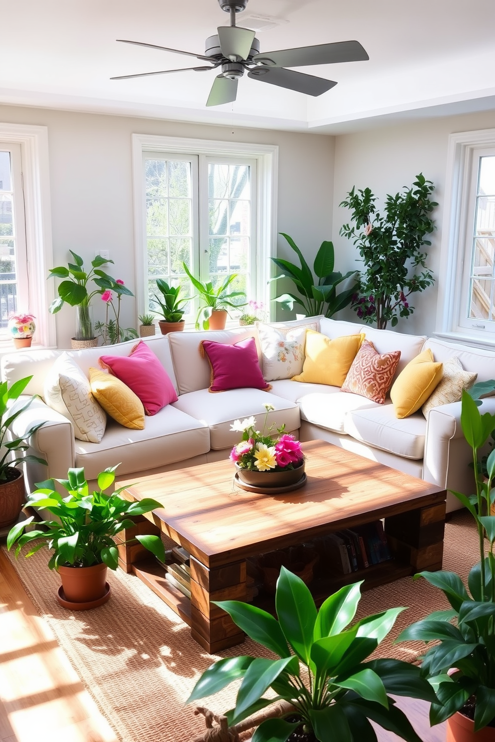 A vibrant spring living room filled with natural light. The centerpiece is a large, plush sectional sofa in a soft pastel color, adorned with an array of colorful throw pillows. In front of the sofa, a stylish coffee table made of reclaimed wood adds warmth to the space. Surrounding the room are potted plants with lush greenery, creating a refreshing and inviting atmosphere.