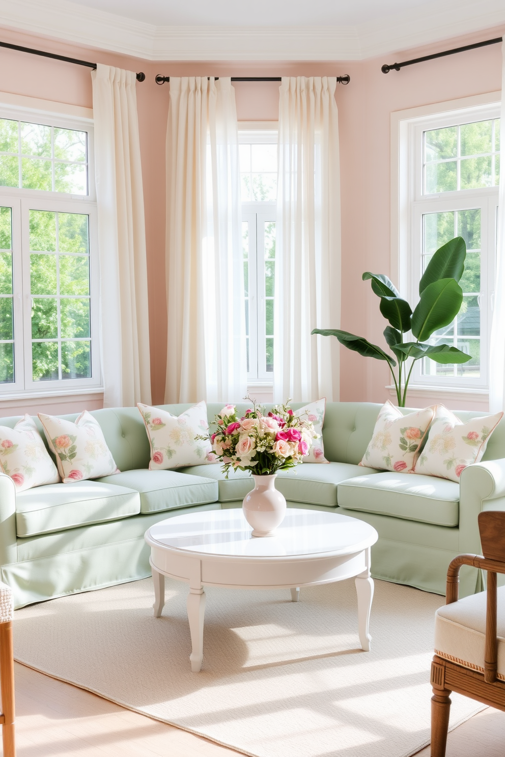 A serene spring living room filled with soft pastel colors. The walls are painted in a light blush pink, complemented by a plush mint green sofa adorned with floral patterned cushions. A white coffee table sits in the center, topped with a delicate arrangement of fresh flowers in a pastel vase. Light sheer curtains gently drape over large windows, allowing natural light to fill the space and enhance the cheerful ambiance.