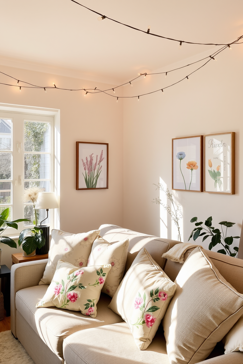 A cozy living room filled with natural light. The walls are painted in a soft pastel color and adorned with fresh spring-themed artwork. String lights are draped along the ceiling, adding a warm and inviting glow. Plush cushions in floral patterns and light fabrics are scattered across a comfortable sofa, creating a relaxed atmosphere.