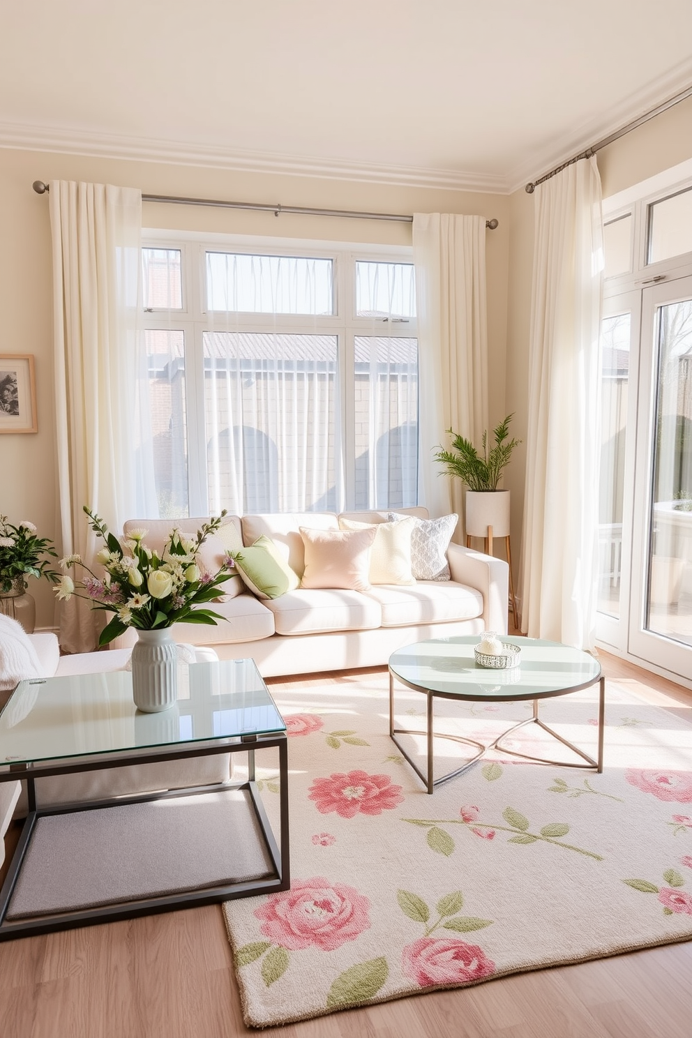 A bright and airy living room filled with natural light. The focal point is a cozy sofa adorned with pastel-colored cushions, complemented by a spring-themed area rug featuring floral patterns in soft pinks and greens. In the corner, a stylish coffee table holds a bouquet of fresh flowers in a ceramic vase. The walls are painted in a light cream shade, and large windows are dressed with sheer curtains that flutter gently in the breeze.