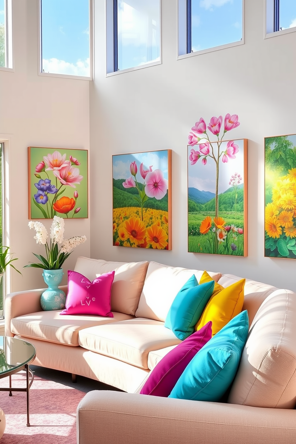 A vibrant spring living room filled with natural light. The walls are adorned with colorful artwork depicting blooming flowers and lush landscapes. A cozy seating arrangement features a plush sofa in a light pastel hue. Brightly colored throw pillows add a playful touch, complementing the cheerful atmosphere.