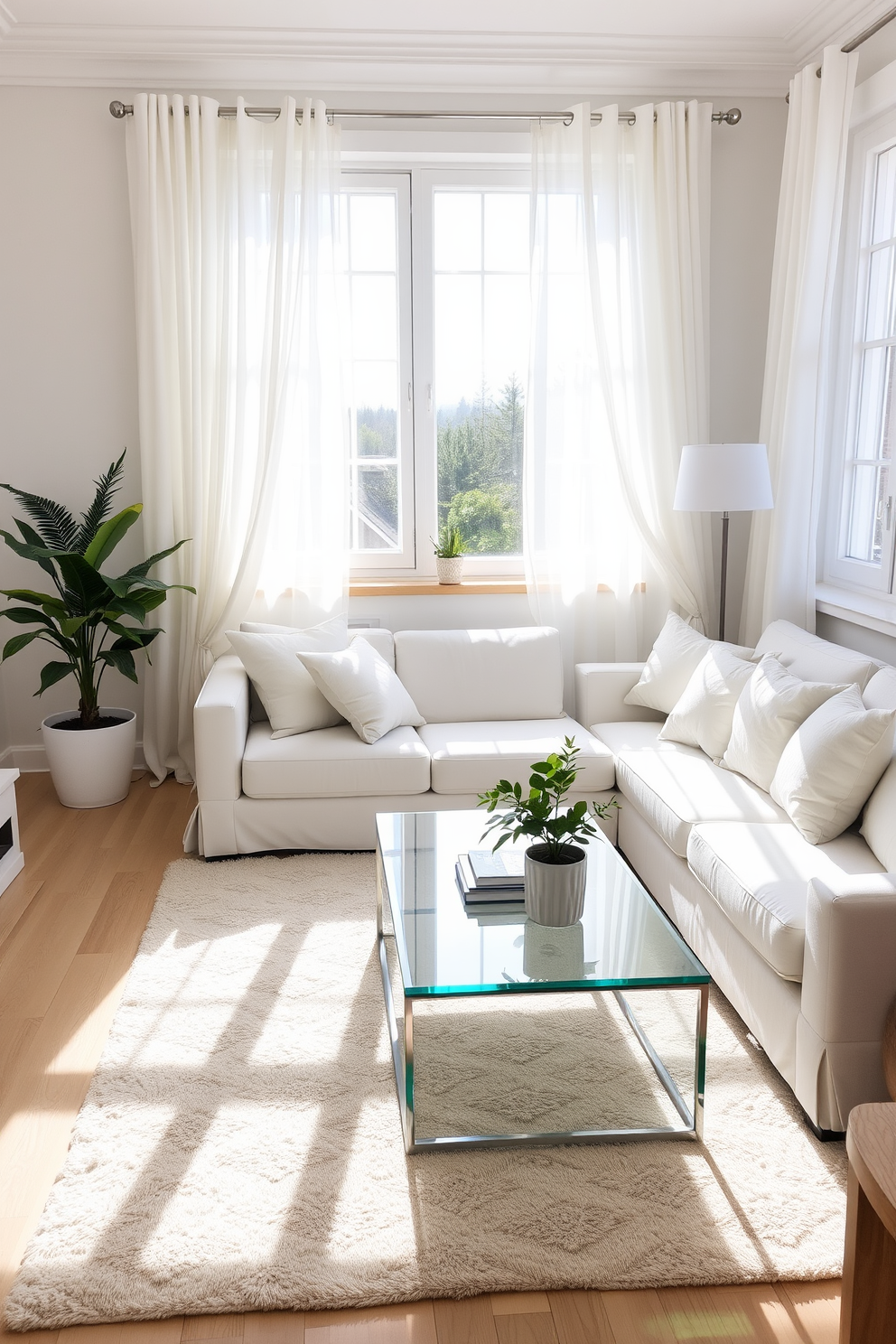 A bright and airy living room filled with natural light. The space features a comfortable sofa adorned with light-colored cushions, creating a fresh and inviting atmosphere. The coffee table is elegantly styled with a few decorative books and a small plant. A soft area rug anchors the seating area, while sheer curtains gently filter the sunlight streaming through the windows.