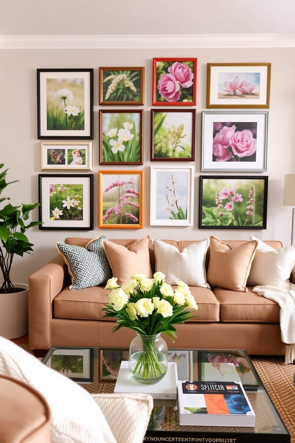 Create a gallery wall featuring a collection of vibrant spring photos that capture the essence of blooming flowers and lush greenery. The wall is adorned with various frame styles and colors, creating a dynamic and inviting focal point in the living room. Incorporate soft pastel accents throughout the room to complement the artwork and enhance the spring theme. Use light fabrics for cushions and throws, and add a fresh floral arrangement on a coffee table to complete the decor.