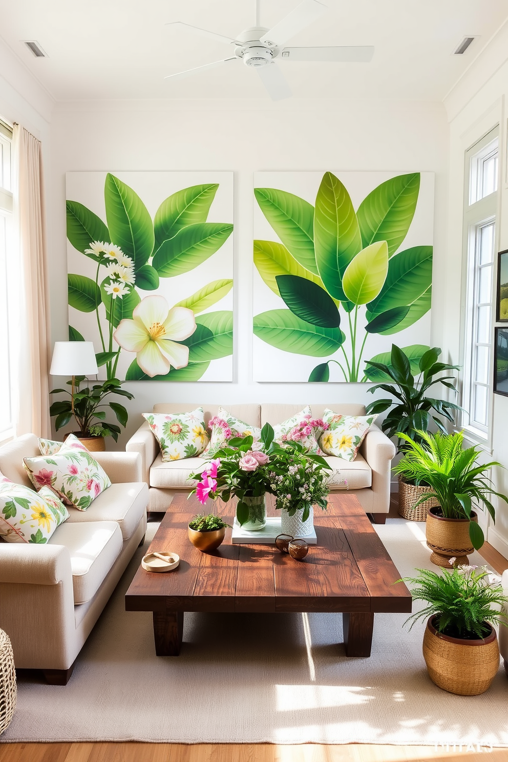 A bright and airy living room filled with natural light. The walls are adorned with large botanical prints in vibrant greens and soft pastels, creating a fresh and inviting atmosphere. A plush sofa in a light neutral fabric is complemented by a mix of colorful throw pillows featuring floral patterns. A large coffee table made of reclaimed wood sits in the center, surrounded by lush potted plants that add a touch of nature to the space.