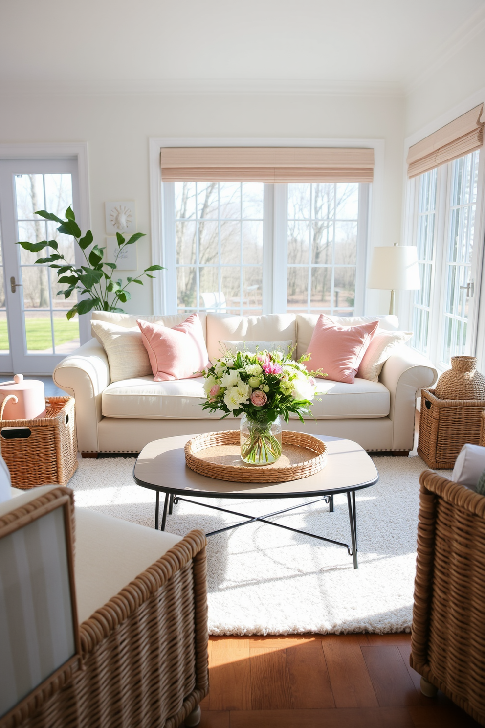 A bright and airy spring living room features a cozy seating area with a light-colored sofa adorned with pastel throw pillows. Wicker baskets are strategically placed around the room for stylish storage, adding a natural texture that complements the overall decor. Large windows allow natural light to flood the space, highlighting a fresh bouquet of flowers on the coffee table. A soft area rug anchors the seating arrangement, creating a welcoming atmosphere perfect for relaxation and entertaining.