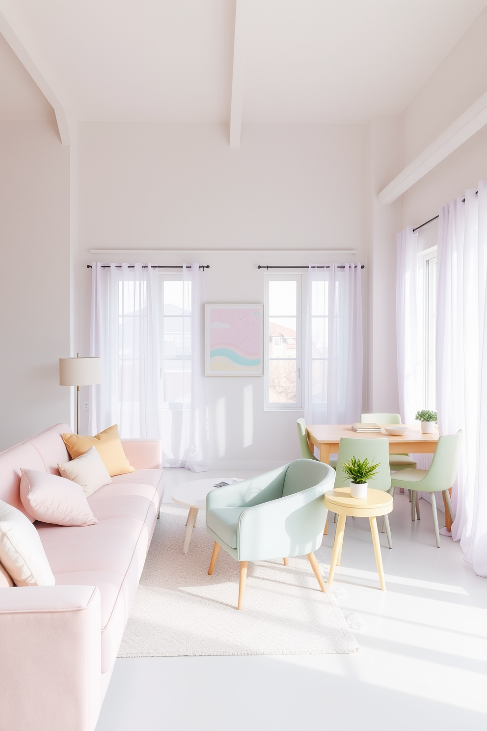 A bright and airy loft space filled with natural light. Soft pastel colors adorn the walls and furnishings, creating a fresh and inviting atmosphere. A plush pastel pink sofa is paired with a light blue armchair, complemented by a white coffee table in the center. Decorative pillows in various pastel shades add a cozy touch to the seating area. The dining area features a light wood table surrounded by pastel green chairs. A whimsical pastel art piece hangs above the table, enhancing the cheerful vibe of the space. In one corner, a small indoor plant sits on a pastel yellow side table, bringing a touch of nature indoors. Sheer curtains in a soft lavender frame the large windows, allowing gentle light to filter through.