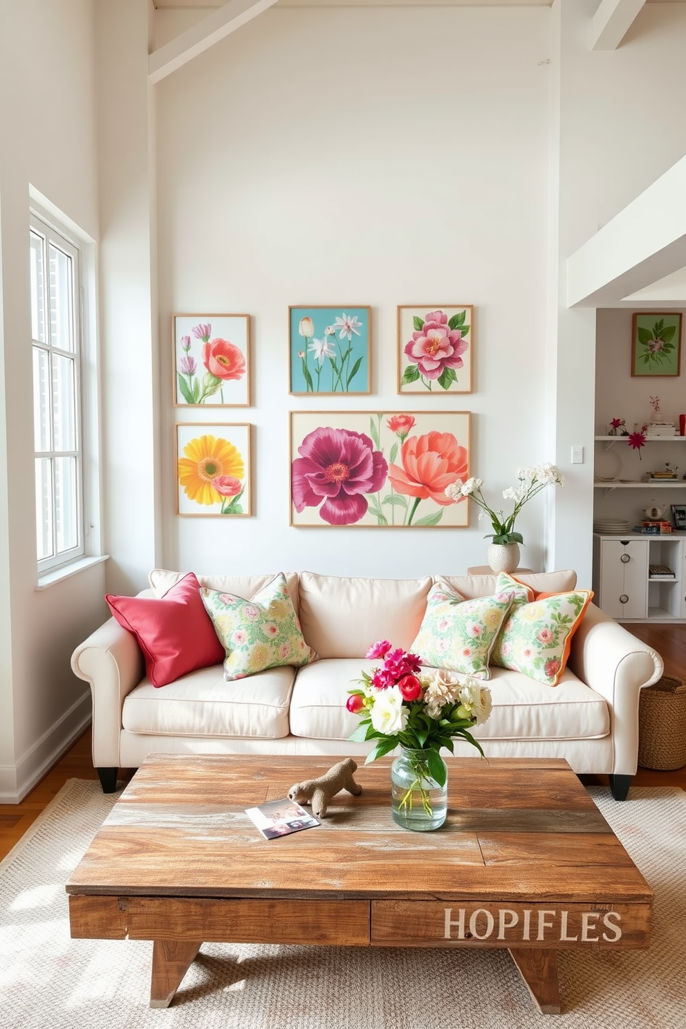 A bright and airy loft space adorned with spring-themed artwork. The walls are decorated with vibrant floral prints and pastel colors that evoke the essence of the season. A comfortable seating area features a plush sofa in soft hues, complemented by colorful throw pillows. A rustic coffee table holds a bouquet of fresh flowers, adding a touch of nature to the decor.