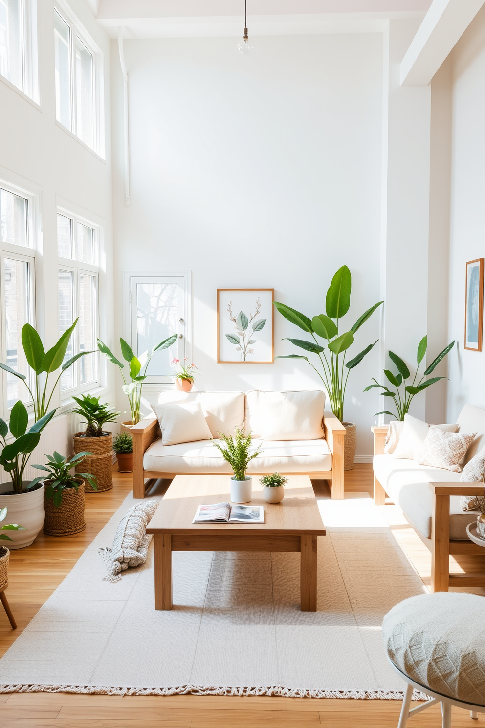 A bright and airy loft space featuring light wood furniture that creates a fresh and inviting atmosphere. The open layout includes a cozy seating area with a light wood coffee table and plush pastel-colored cushions, complemented by large windows that let in ample natural light. Incorporate greenery with potted plants placed strategically around the room to enhance the spring theme. A soft area rug in a light hue ties the space together, while decorative wall art adds a touch of personality to the decor.