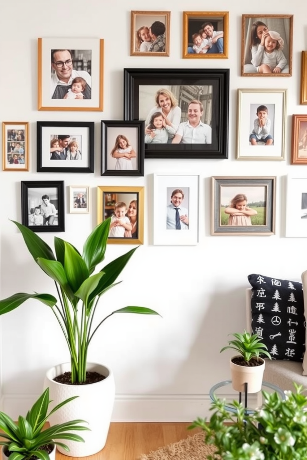 Create a gallery wall featuring a collection of family photos in various frames. The arrangement should be eclectic yet cohesive, showcasing cherished memories in a bright and airy spring loft setting. Incorporate soft pastel colors and natural materials to enhance the decor. Add touches of greenery with potted plants to bring life and freshness to the space.