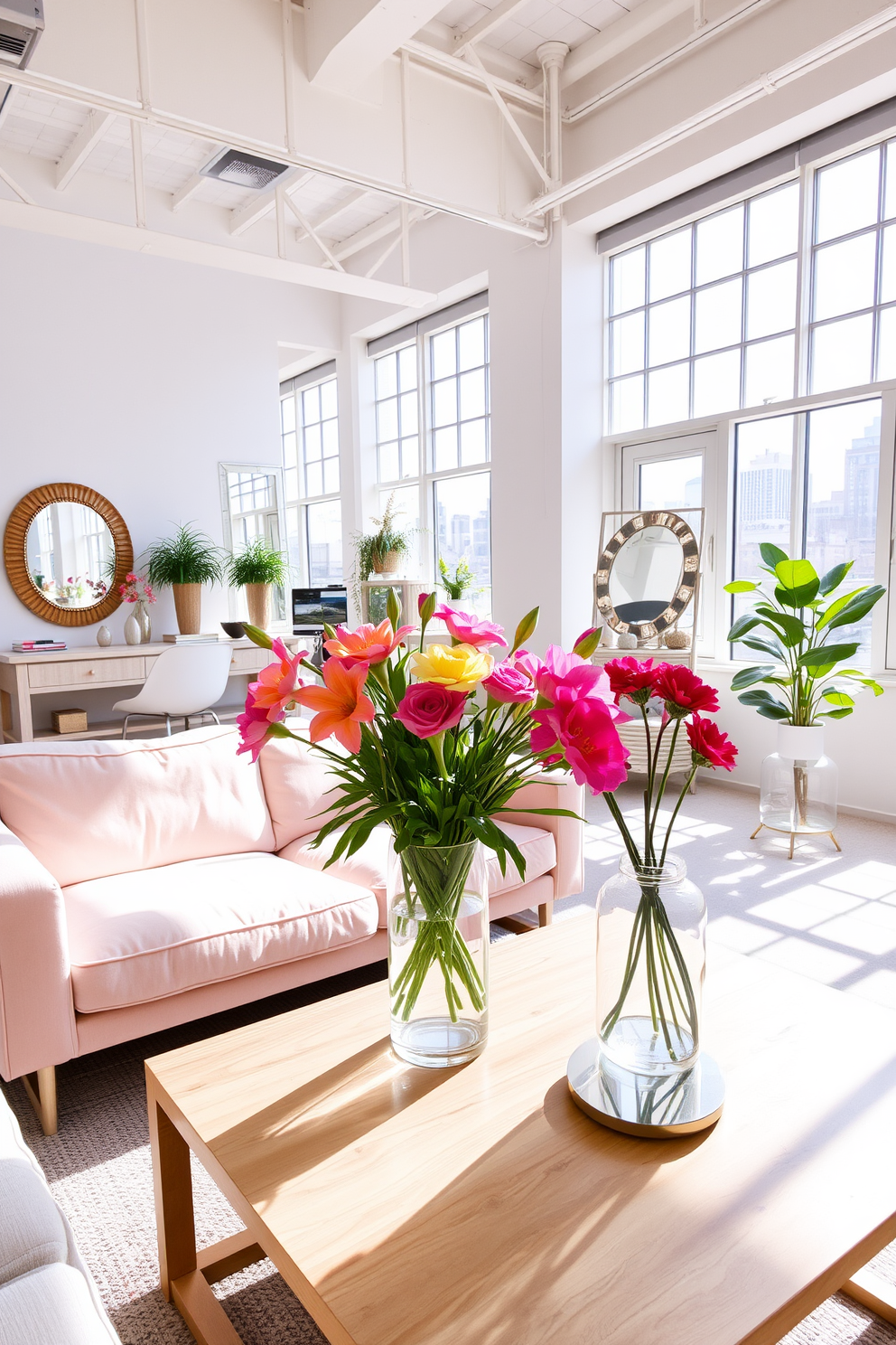 A bright and airy loft space adorned with spring-themed decor. Large windows allow natural light to flood the room, while strategically placed mirrors enhance the brightness and create a sense of openness. The living area features a plush, pastel-colored sofa paired with a light wooden coffee table. Fresh flowers in vibrant hues are arranged in a clear vase, adding a cheerful touch to the space.