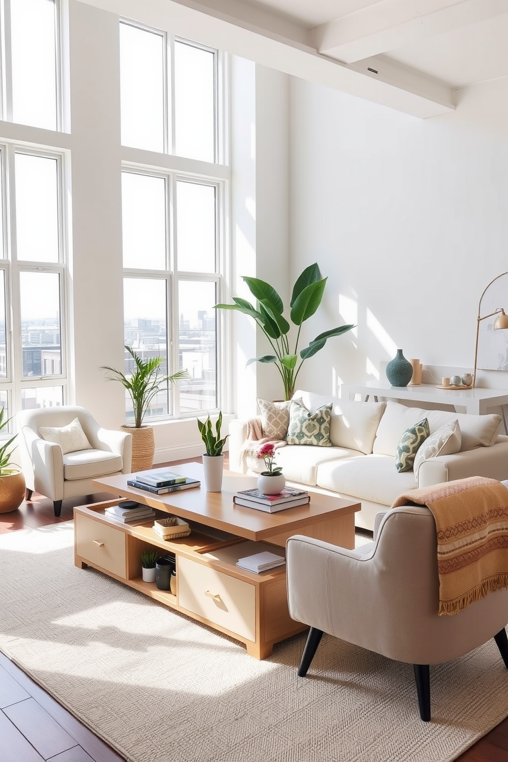 A bright and airy loft living room features large windows that flood the space with natural light. The focal point is a stylish coffee table with built-in storage options, perfect for keeping the area organized and clutter-free. Surrounding the coffee table are a plush sectional sofa and a pair of accent chairs in soft pastel colors. Decorative pillows and a cozy throw blanket add warmth, while potted plants bring a touch of nature indoors.