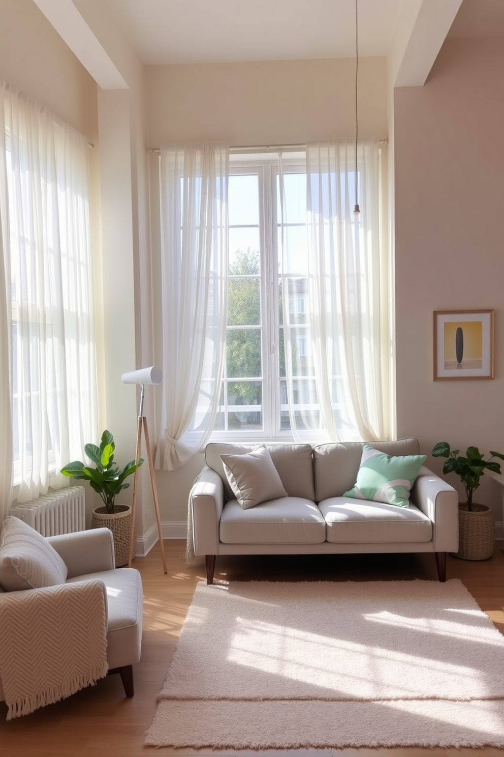 A serene loft space adorned with a soft color palette featuring pastel hues of lavender, mint green, and pale yellow. The walls are painted in a light cream tone, creating a warm and inviting atmosphere complemented by plush furnishings in coordinating shades. Natural light floods the room through large windows adorned with sheer white curtains, enhancing the airy feel. A cozy seating area is arranged with a light gray sofa, accented by pastel throw pillows and a delicate area rug that ties the colors together.