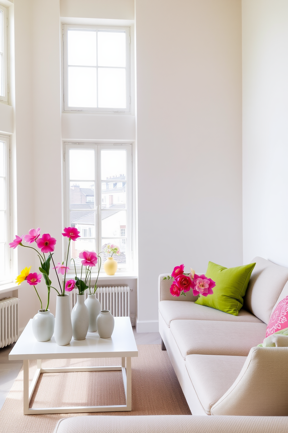 A bright and airy loft space adorned with ceramic vases filled with vibrant spring flowers. The walls are painted in soft pastel hues, and large windows allow natural light to flood the room, enhancing the cheerful atmosphere. In one corner, a minimalist coffee table showcases a cluster of ceramic vases of varying heights, each holding fresh blooms. The seating area features a plush fabric sofa in a neutral tone, complemented by colorful throw pillows that echo the colors of the flowers.