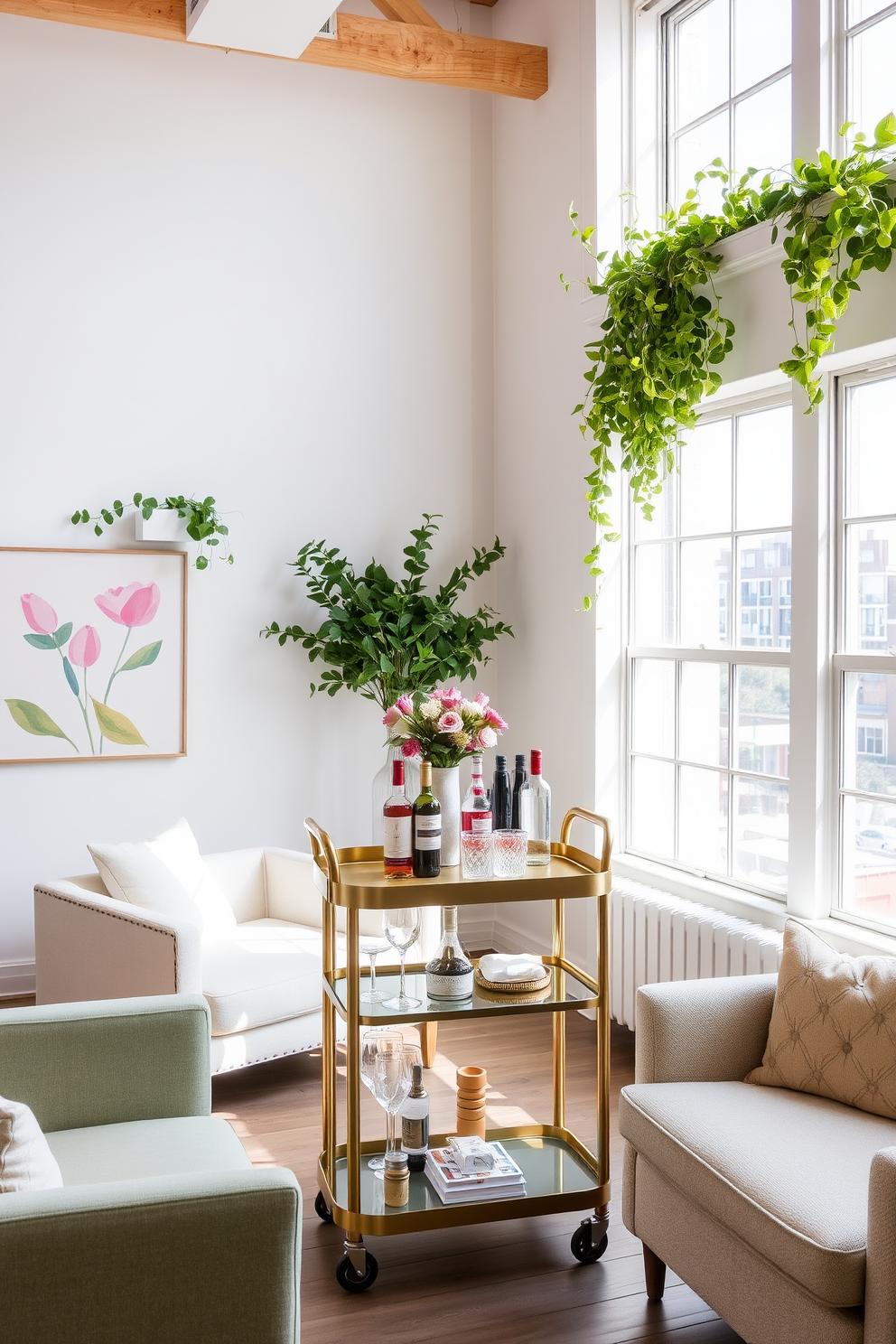 A bright and airy loft space features large windows that allow natural light to flood in. The walls are adorned with fresh greenery and pastel-colored artwork, creating a cheerful atmosphere. In the center of the room, a chic bar cart is elegantly styled with an assortment of spirits, glassware, and a small vase of seasonal flowers. Surrounding the bar cart, comfortable seating options in soft fabrics invite guests to relax and enjoy the vibrant spring decor.