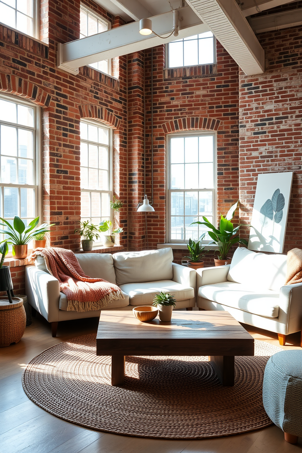 A bright and airy loft space featuring a blend of soft textiles and natural materials. The living area includes a plush linen sofa adorned with knitted throw blankets and a jute area rug underfoot. Large windows allow sunlight to flood in, highlighting the exposed brick walls. Potted plants are strategically placed to bring life to the space, while a reclaimed wood coffee table adds warmth and character.