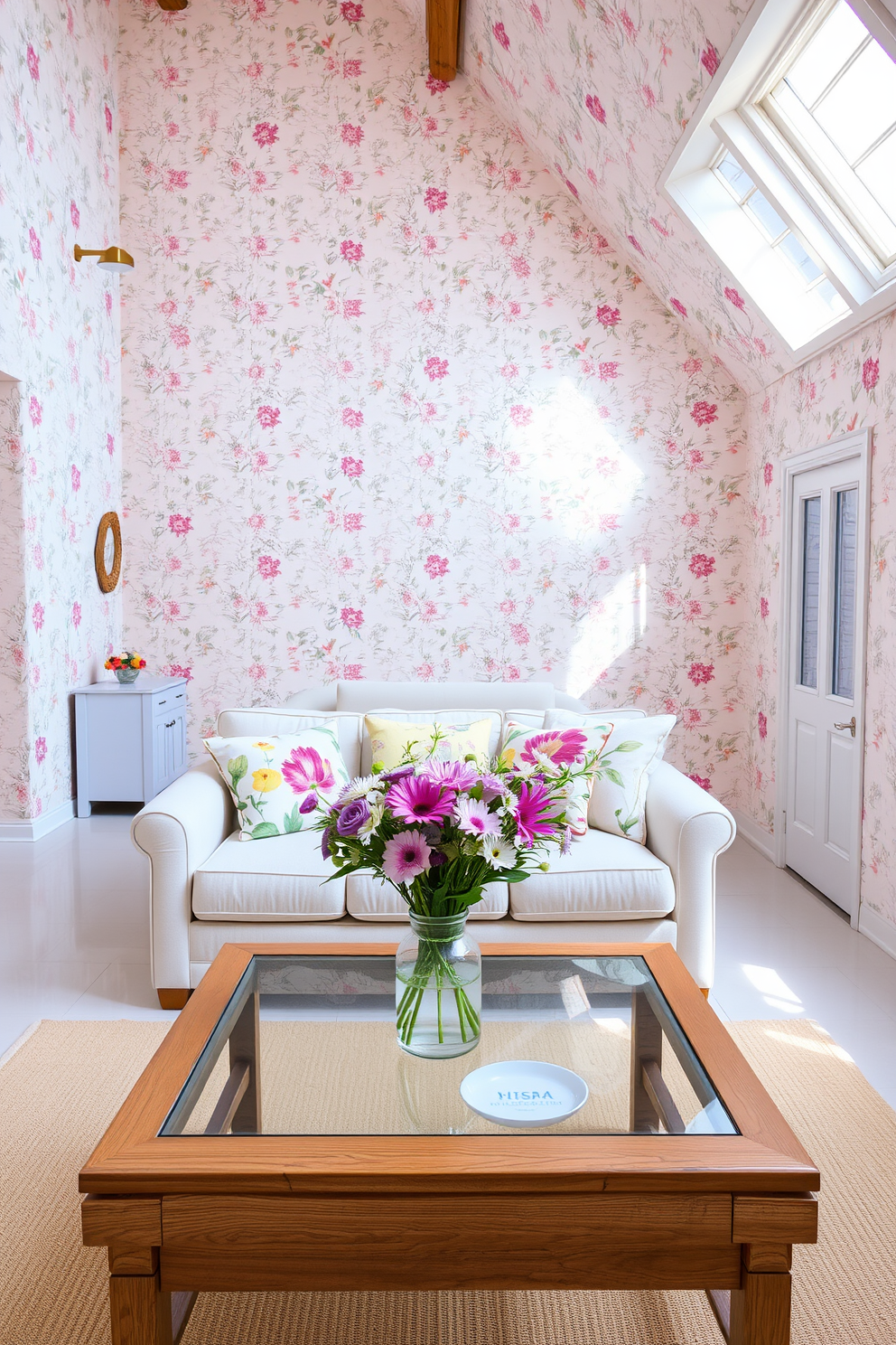 A bright and airy loft space filled with natural light. The walls are adorned with floral patterned wallpaper in soft pastel colors, creating a cheerful atmosphere. A plush sofa in a light fabric sits in the center, accented with vibrant floral throw pillows. A wooden coffee table with a glass top displays a bouquet of fresh flowers, enhancing the spring theme.