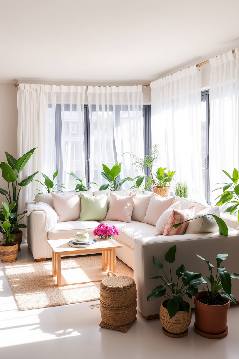 A light-colored sofa is the centerpiece of the living room, creating an airy and inviting atmosphere. Surrounding the sofa are soft pastel cushions and a light wooden coffee table, enhancing the spring-inspired decor. Large windows draped with sheer white curtains allow natural light to flood the space, emphasizing the fresh and vibrant feel. Potted plants in various sizes are strategically placed around the room, adding a touch of nature and color to the design.