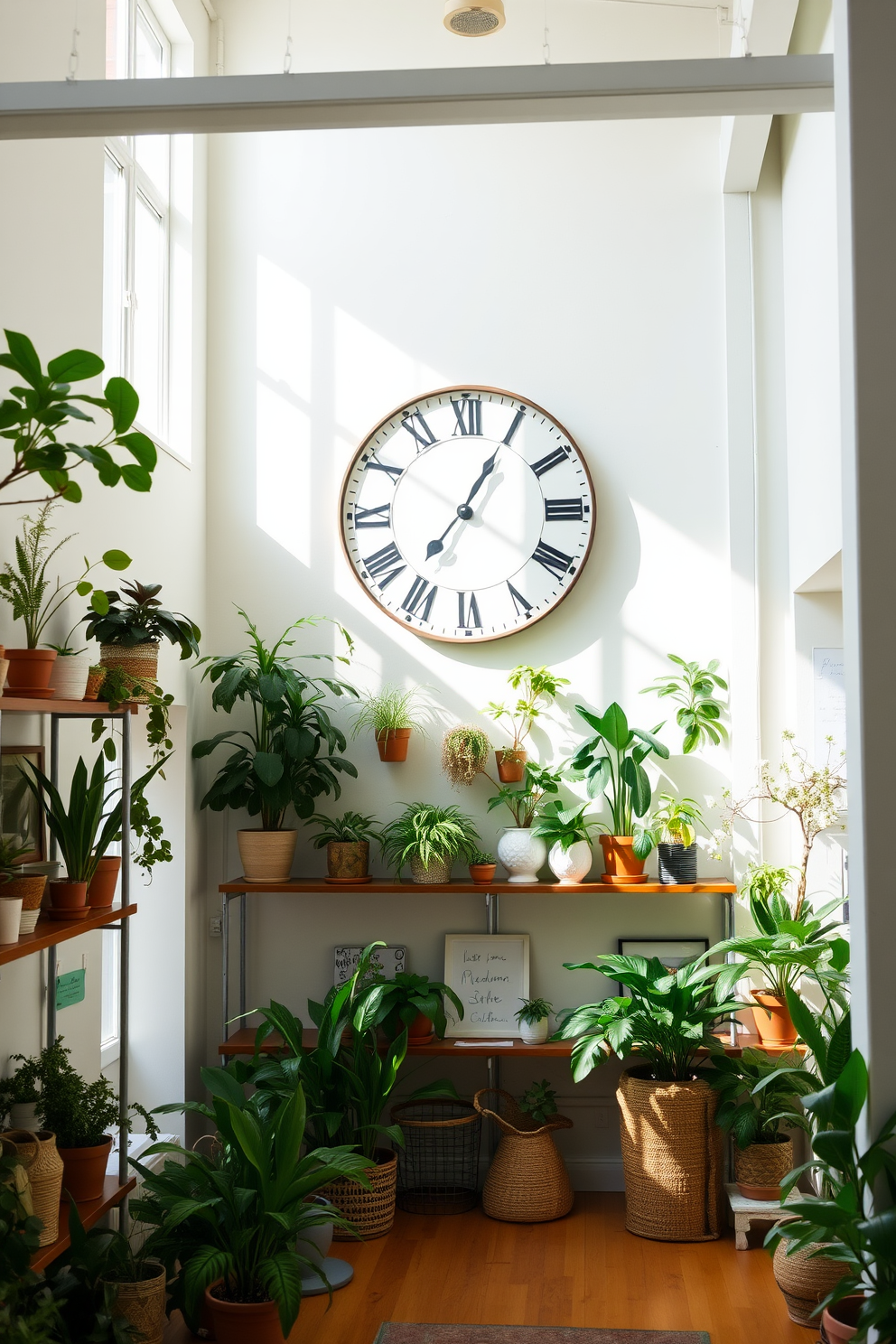 A spacious loft filled with natural light. The walls are painted in a soft white, creating a bright and airy atmosphere. A large vintage clock hangs prominently on one wall, serving as a stylish focal point. Surrounding the clock, shelves are adorned with potted plants and curated decor items for a fresh spring vibe.