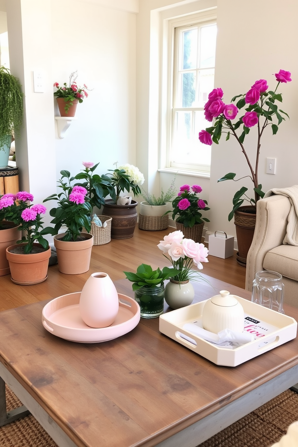 A bright and airy loft space adorned with fresh spring decor. Decorative trays in soft pastel colors are used to organize various items on a rustic wooden coffee table. Potted plants with vibrant blooms are strategically placed throughout the room to enhance the natural light. The walls are painted in a light cream shade, creating a warm and inviting atmosphere.