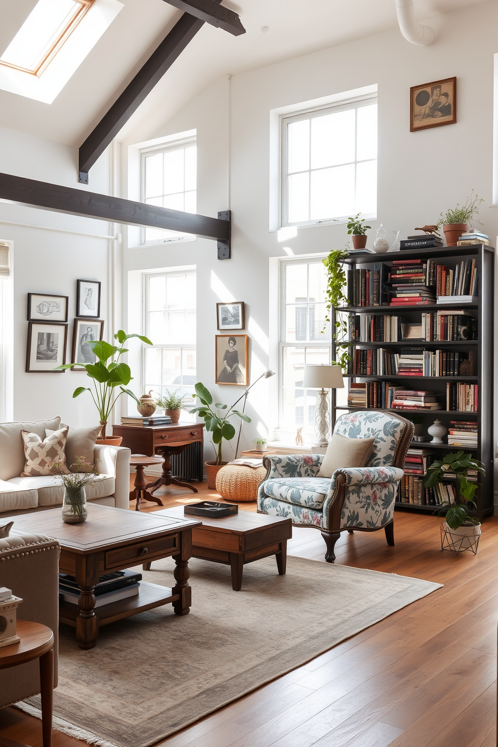 A bright and airy loft space filled with natural light. The room features a mix of modern furniture and vintage decor, including a distressed wooden coffee table and an antique armchair upholstered in a floral fabric. The walls are adorned with framed vintage prints and a large bookshelf filled with eclectic books and trinkets. A soft area rug in muted tones anchors the seating area, while potted plants add a touch of greenery to the space.