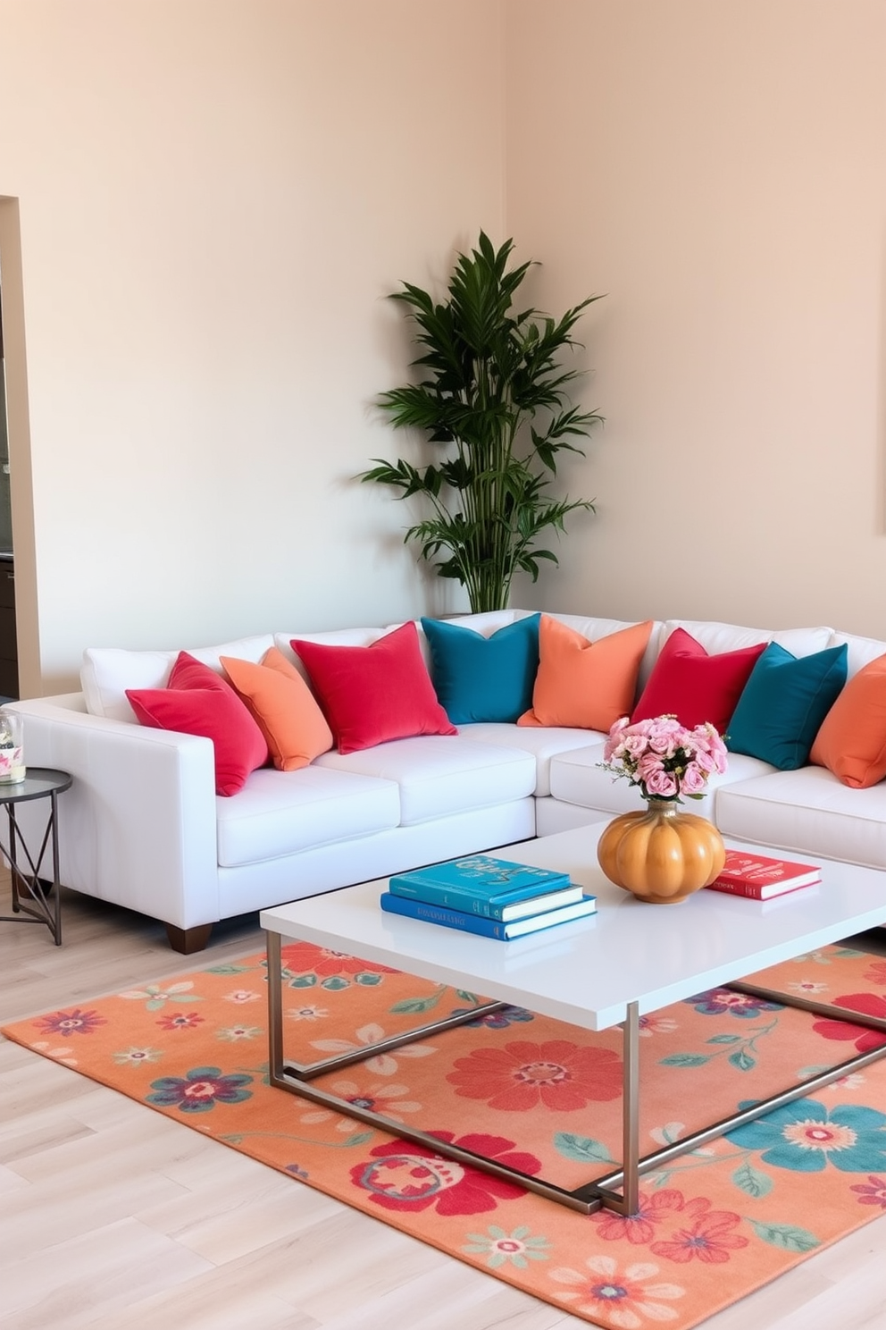 A neutral backdrop featuring soft beige walls and light wooden flooring creates an inviting atmosphere. A plush white sofa adorned with colorful throw pillows in shades of coral and teal stands out as the focal point of the living area. In the corner, a tall indoor plant adds a touch of greenery, enhancing the spring theme. A vibrant area rug with floral patterns ties the space together, while a sleek coffee table showcases decorative books and a bright centerpiece.