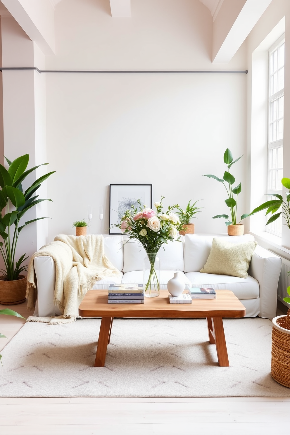 A bright and airy loft space decorated for spring. The room features large windows that let in natural light, with soft pastel-colored throw blankets draped over a plush white sofa. A wooden coffee table sits in the center, adorned with fresh flowers in a vase and a few art books. The walls are painted in a light neutral tone, complemented by green potted plants placed in the corners for a refreshing touch.