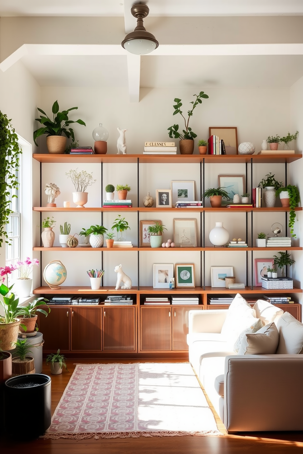 A bright and airy loft space featuring open shelving that showcases a curated collection of decorative items. The shelves are adorned with potted plants, art books, and unique sculptures, creating a vibrant spring atmosphere. Natural light floods the room through large windows, highlighting the fresh pastel color palette of soft pinks and greens. A cozy seating area with a light-colored sofa complements the decor, inviting relaxation and conversation.