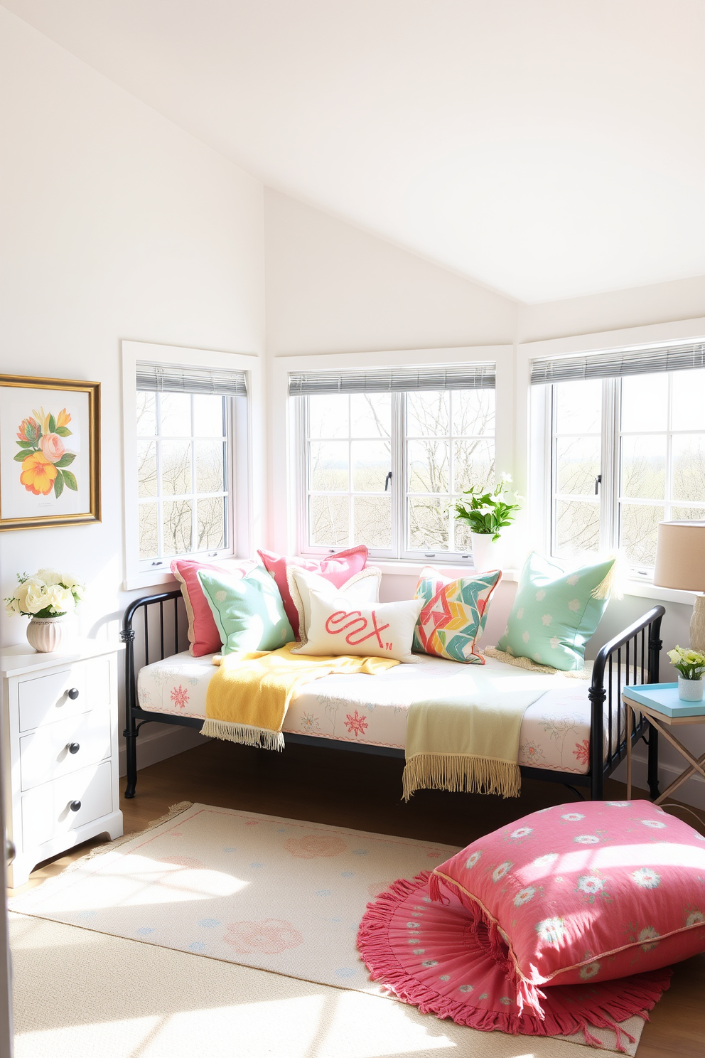 A bright and airy loft space features a stylish daybed adorned with colorful cushions, providing extra seating and a cozy nook for relaxation. Large windows allow natural light to flood the room, highlighting the fresh spring decor with pastel accents and floral patterns throughout.