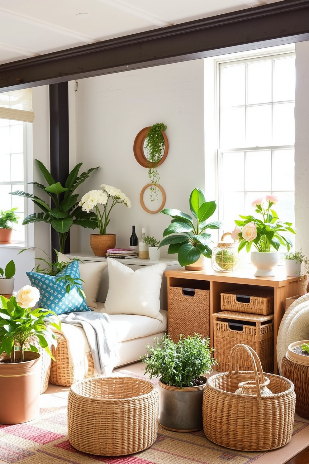 Create a bright and airy loft space that embraces the essence of spring. Incorporate natural fiber baskets for storage, adding warmth and texture to the room. Use a soft color palette with pastel accents to evoke a fresh and inviting atmosphere. Arrange potted plants and floral arrangements throughout the space to bring in a touch of nature.