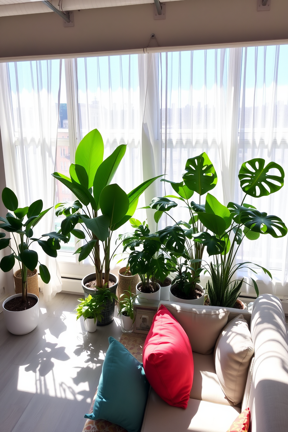 A bright and airy loft space filled with natural light. The room features large windows adorned with sheer white curtains, allowing sunlight to cascade in. In one corner, a collection of lush indoor plants in various sizes adds a vibrant touch of greenery. A cozy seating area with a light gray sofa and colorful throw pillows invites relaxation and conversation.