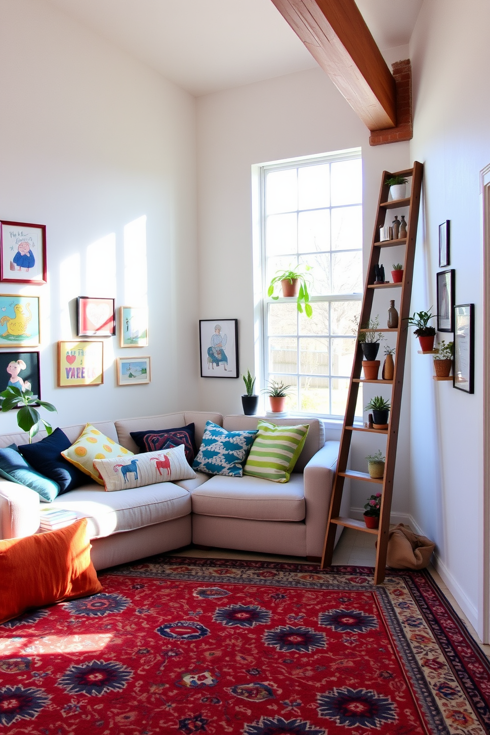 A charming loft space filled with natural light. The walls are adorned with playful artwork and colorful throw pillows scattered across a plush sofa. A vintage ladder leans against the wall, serving as a bookshelf for quirky decor items and potted plants. An oversized rug with vibrant patterns anchors the seating area, inviting relaxation and creativity.