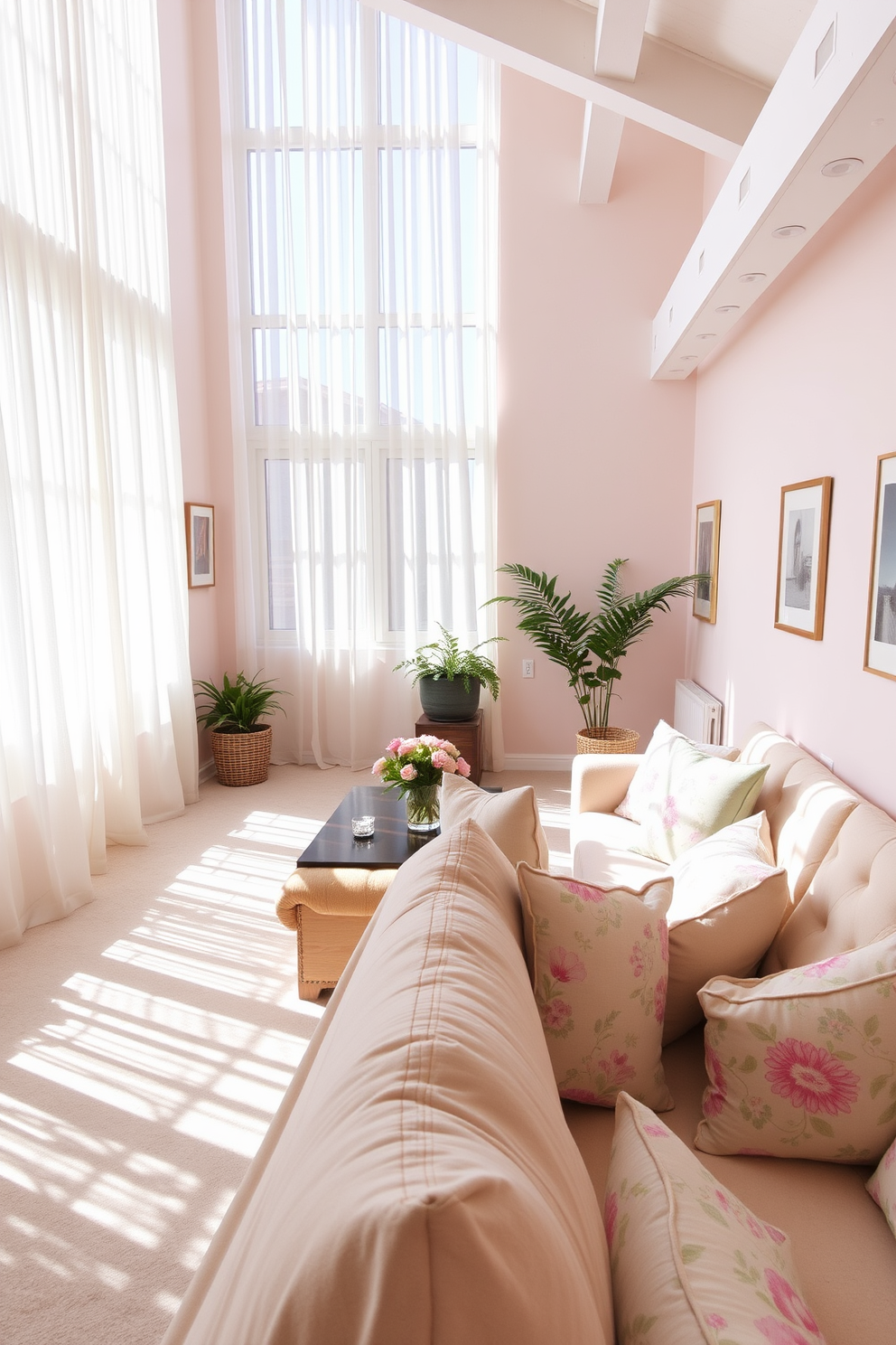 A bright and airy loft space filled with natural light. Light sheer curtains frame the large windows, allowing sunlight to cascade into the room. The decor features a mix of pastel colors and floral patterns for a fresh spring look. Cozy seating arrangements with plush cushions invite relaxation and conversation.