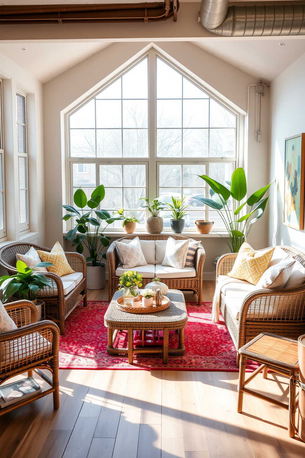 A cozy loft living space adorned with wicker furniture that evokes a natural and relaxed atmosphere. The space features a large wicker sofa with plush cushions, complemented by a matching coffee table and accent chairs, all arranged around a vibrant area rug. Large windows allow natural light to flood the room, showcasing potted plants that add a touch of greenery. Soft pastel accents in the decor, such as throw pillows and artwork, enhance the spring vibe while maintaining a fresh and airy feel.