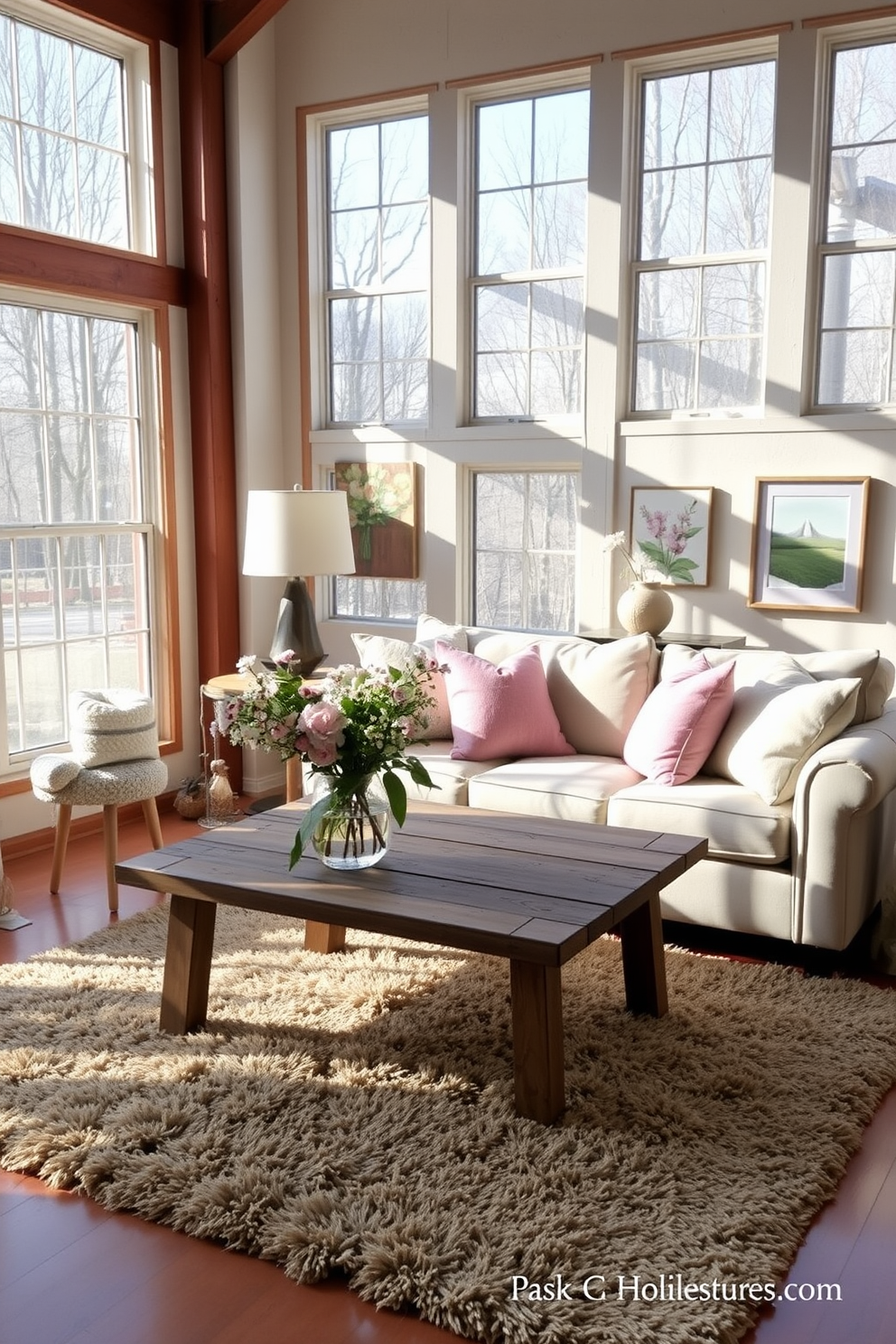 A cozy spring loft with large windows allowing natural light to flood the space. The room features a comfortable sofa adorned with decorative throw pillows in pastel colors, creating a welcoming atmosphere. A rustic wooden coffee table sits in the center, surrounded by a plush area rug. Fresh flowers in a vase add a touch of nature, while art pieces on the walls reflect a cheerful spring theme.