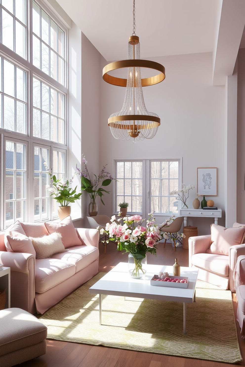 A bright and airy loft space adorned with fresh spring decor. The room features large windows that allow natural light to flood in, highlighting a statement light fixture hanging gracefully from the ceiling. Soft pastel colors dominate the furnishings, with a plush sofa dressed in light pink cushions and a white coffee table adorned with blooming flowers. A cozy area rug in soft green anchors the seating area, creating an inviting atmosphere perfect for relaxation.