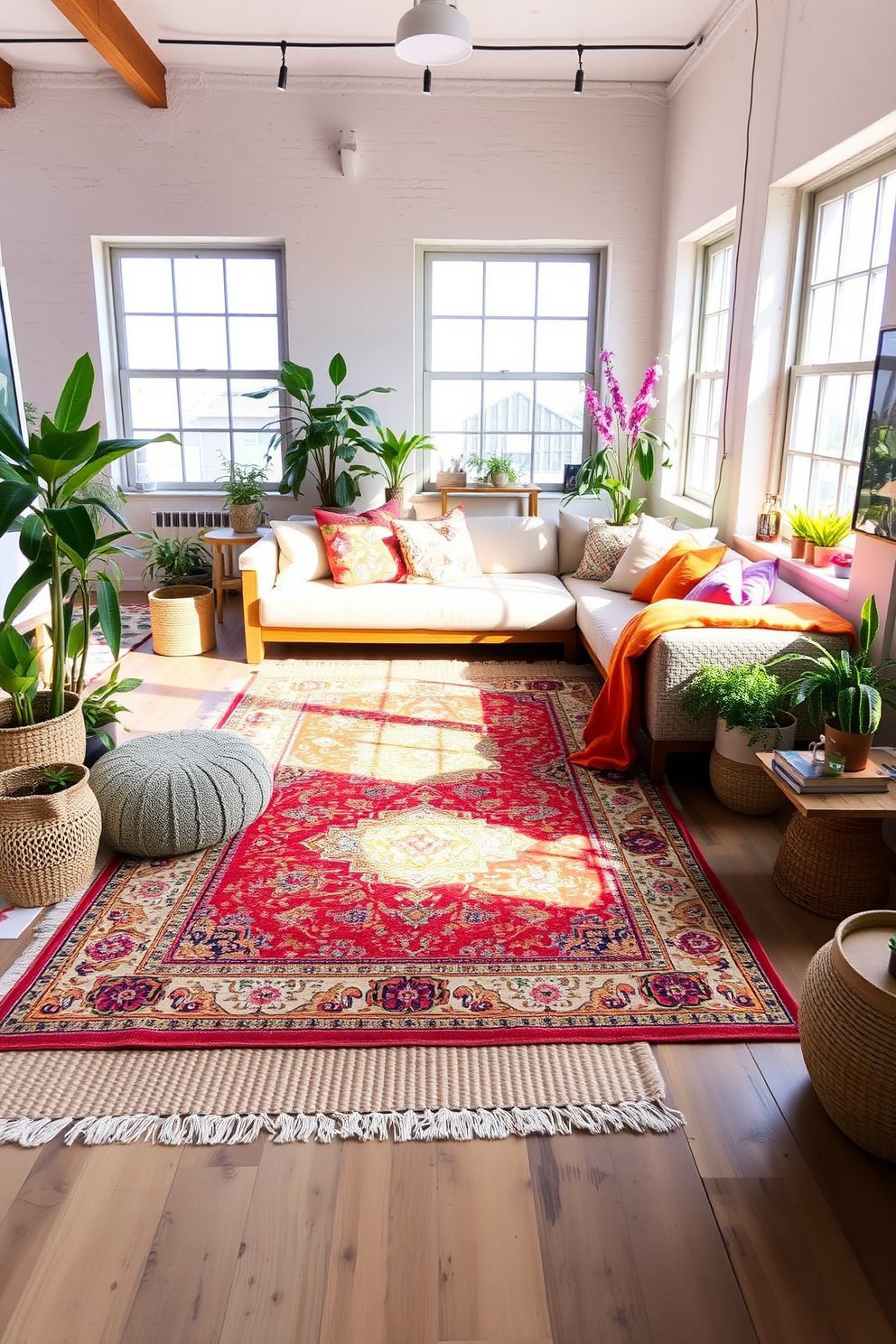 A cozy loft space adorned with layered rugs in varying textures and patterns. The base layer is a large neutral jute rug, topped with a vibrant Persian rug that adds a pop of color and warmth. Natural light floods the room through large windows, highlighting the soft hues of the decor. Potted plants and colorful throw pillows complete the inviting spring atmosphere.