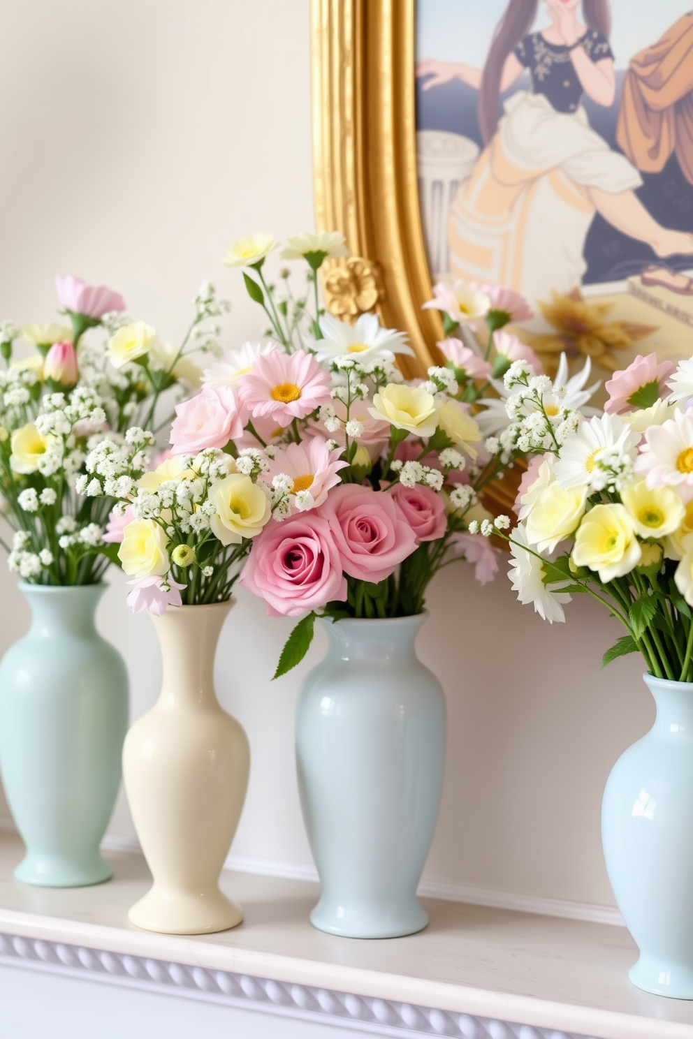 Fresh flowers in pastel vases are arranged on a beautifully styled mantel. The vases feature delicate blooms in soft pinks, yellows, and blues, creating a cheerful and inviting atmosphere.