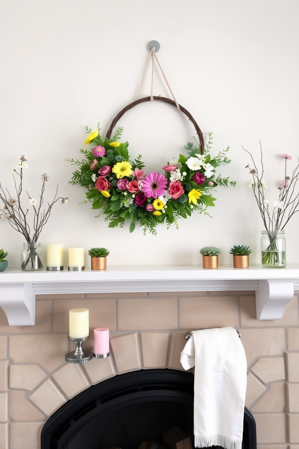 A vibrant seasonal wreath made of fresh flowers and greenery hangs elegantly above a cozy fireplace. The mantel is adorned with pastel-colored candles, small potted plants, and a collection of decorative eggs to celebrate the arrival of spring.