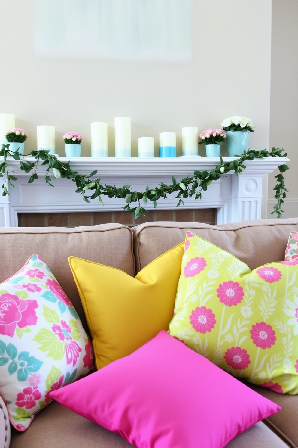 Brightly colored throw pillows are arranged on a plush sofa, adding a vibrant touch to the living room. The pillows feature a mix of floral and geometric patterns, creating a lively and inviting atmosphere. On the mantel, a collection of spring-themed decor is displayed, including pastel-colored candles and small potted flowers. A delicate garland of greenery drapes across the mantel, enhancing the seasonal charm of the space.