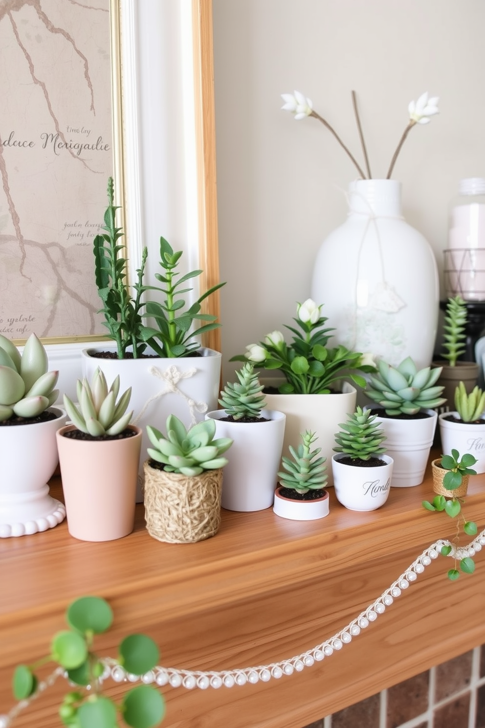 A charming spring mantel decorated with an assortment of miniature potted plants in various sizes and textures. The plants are arranged on a wooden mantelpiece, complemented by soft pastel-colored accents and delicate decorative objects.