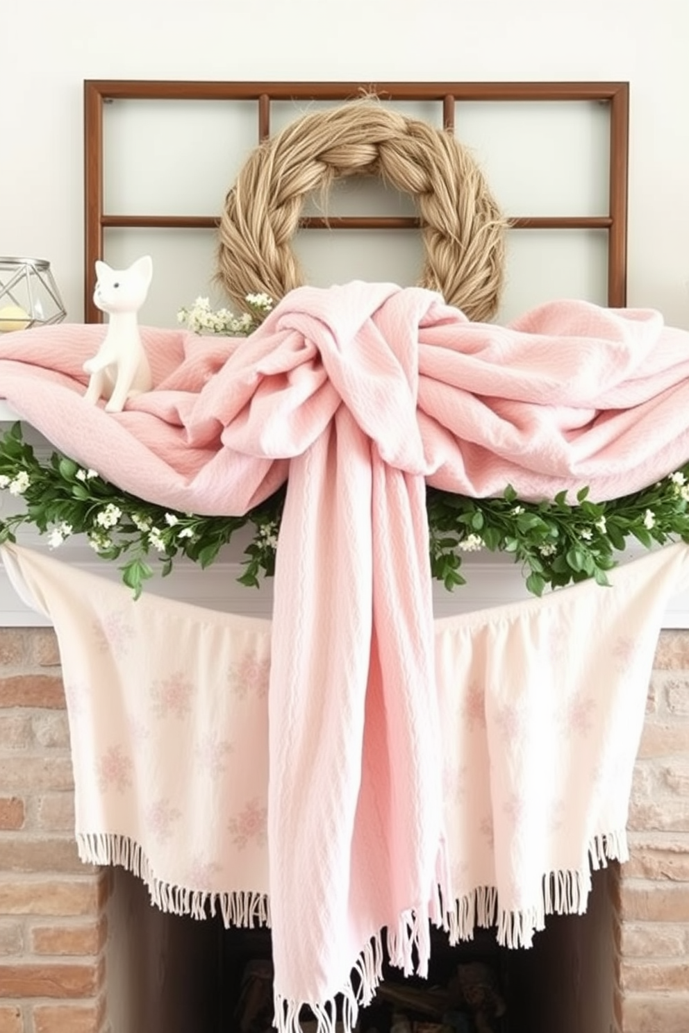 A beautiful spring mantel adorned with layered fabrics in soft pastel colors creates a serene and inviting atmosphere. Delicate floral patterns and textured throws drape elegantly over the mantel, complemented by subtle hints of greenery and seasonal decor.