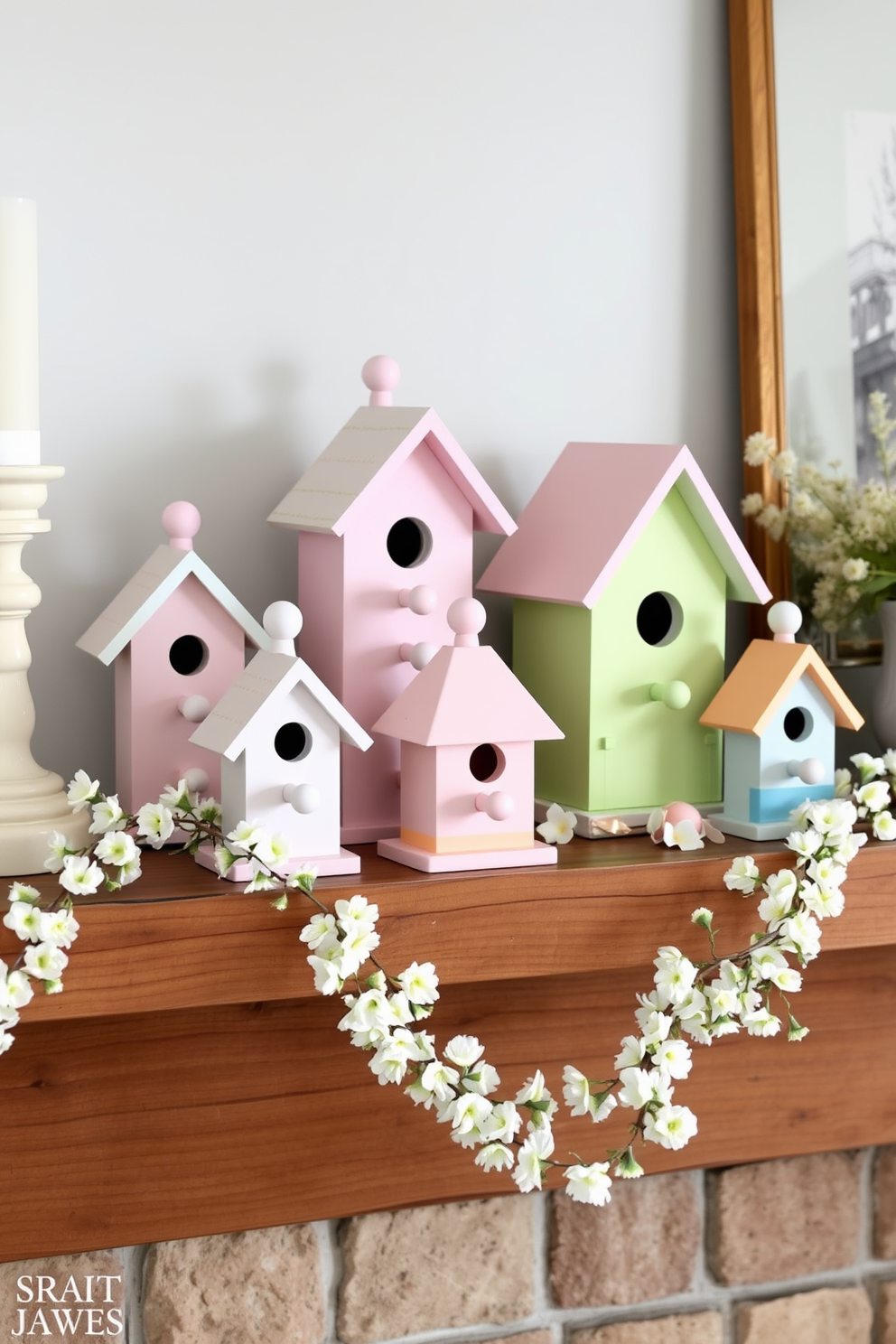 Charming birdhouses are arranged artfully on a rustic wooden mantel, each painted in soft pastel colors that evoke a sense of whimsy. Delicate floral garlands drape around the birdhouses, adding a touch of nature and enhancing the cheerful spring ambiance.