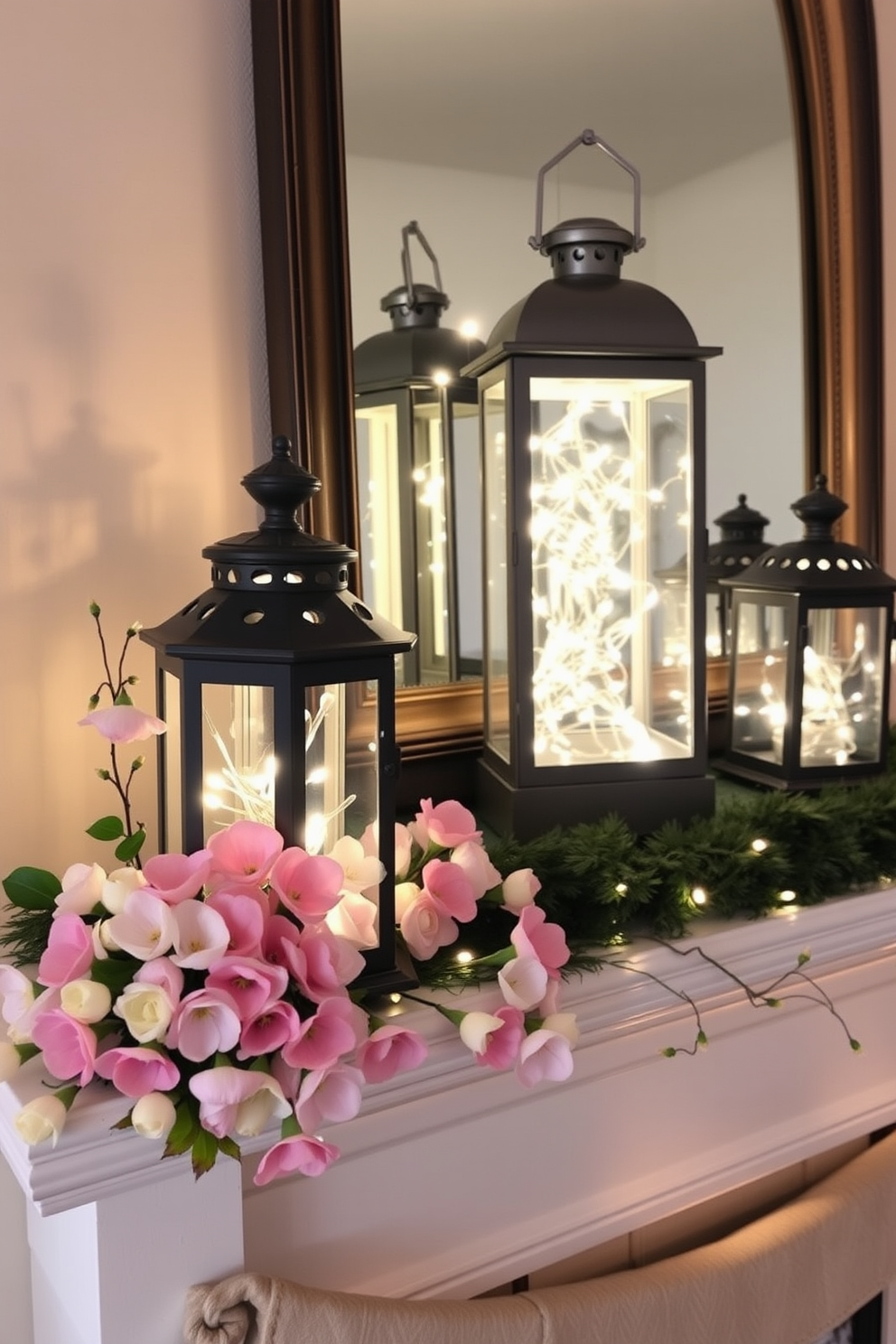 A cozy mantel is adorned with decorative lanterns filled with twinkling fairy lights, creating a warm and inviting atmosphere. Fresh spring flowers in pastel colors are arranged alongside the lanterns, enhancing the seasonal charm of the display.