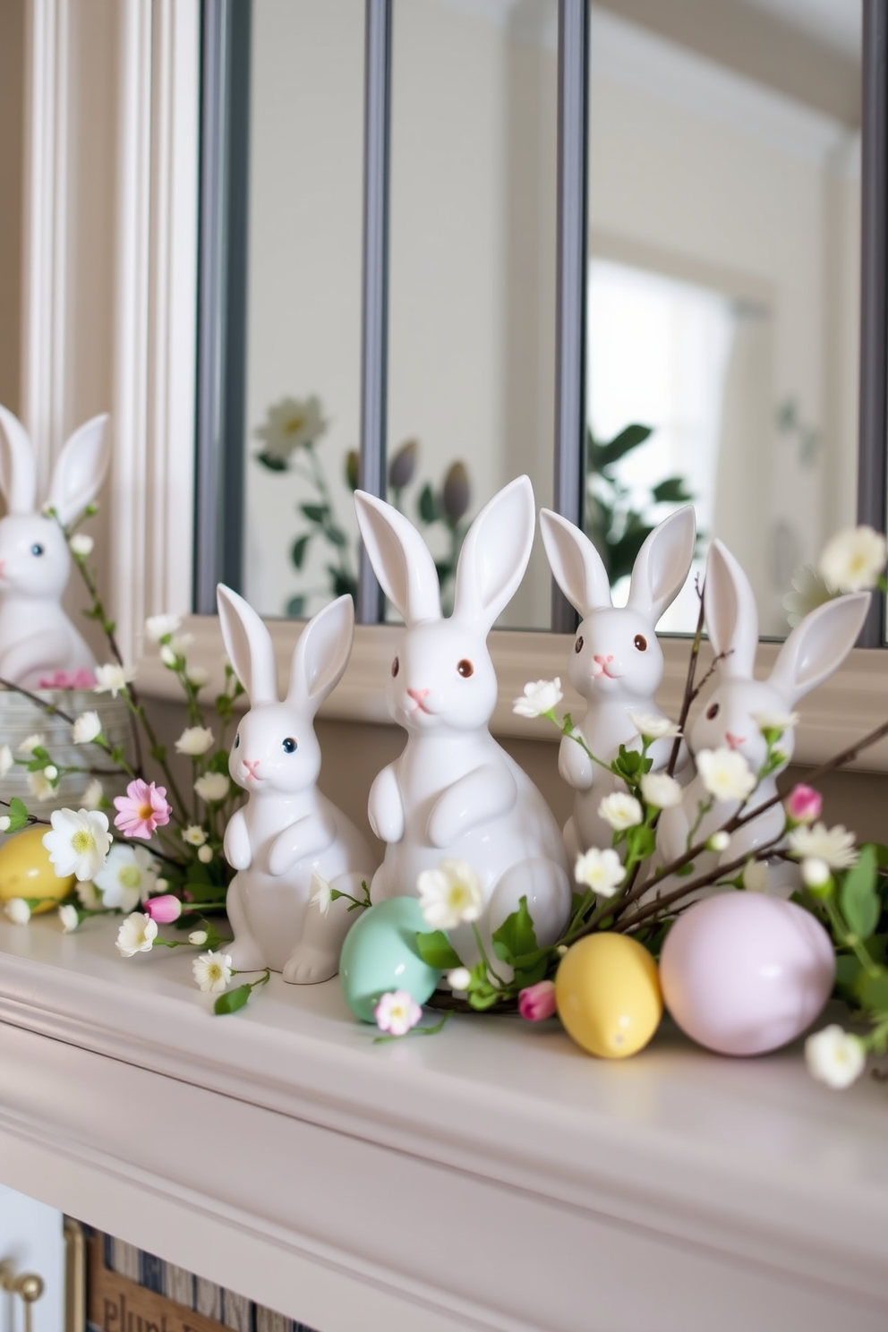 A charming spring mantel adorned with ceramic bunnies in various sizes creates a whimsical atmosphere. The bunnies are arranged among delicate spring flowers and pastel-colored decorative eggs for a cheerful touch.