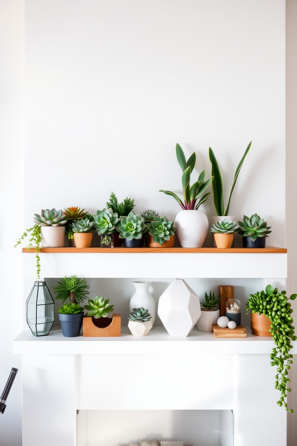 A sleek mantel adorned with a variety of succulent arrangements brings a fresh modern touch to the space. The vibrant greens of the succulents contrast beautifully against a soft white backdrop, creating a serene focal point. Incorporate decorative elements such as geometric vases and natural wood accents to enhance the spring theme. Soft pastel accents in the decor complement the lively greenery, adding warmth and inviting charm to the mantel.