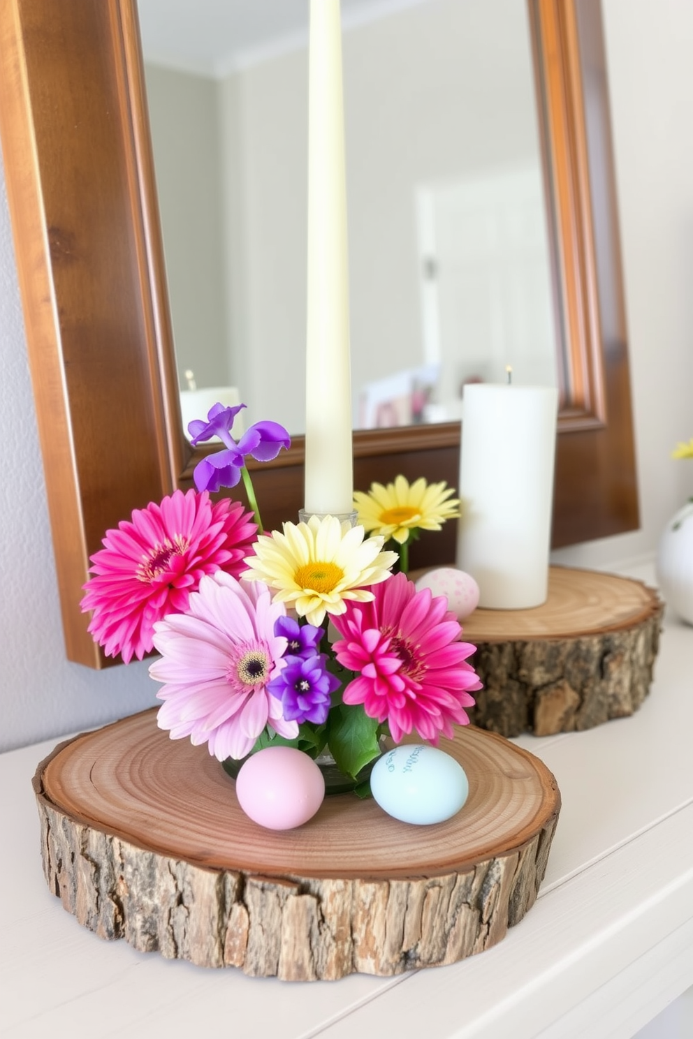 Natural wood slices serve as rustic display bases for spring mantel decorations. Arrange vibrant flowers, pastel-colored candles, and decorative eggs atop the wood slices to create a fresh and inviting atmosphere.