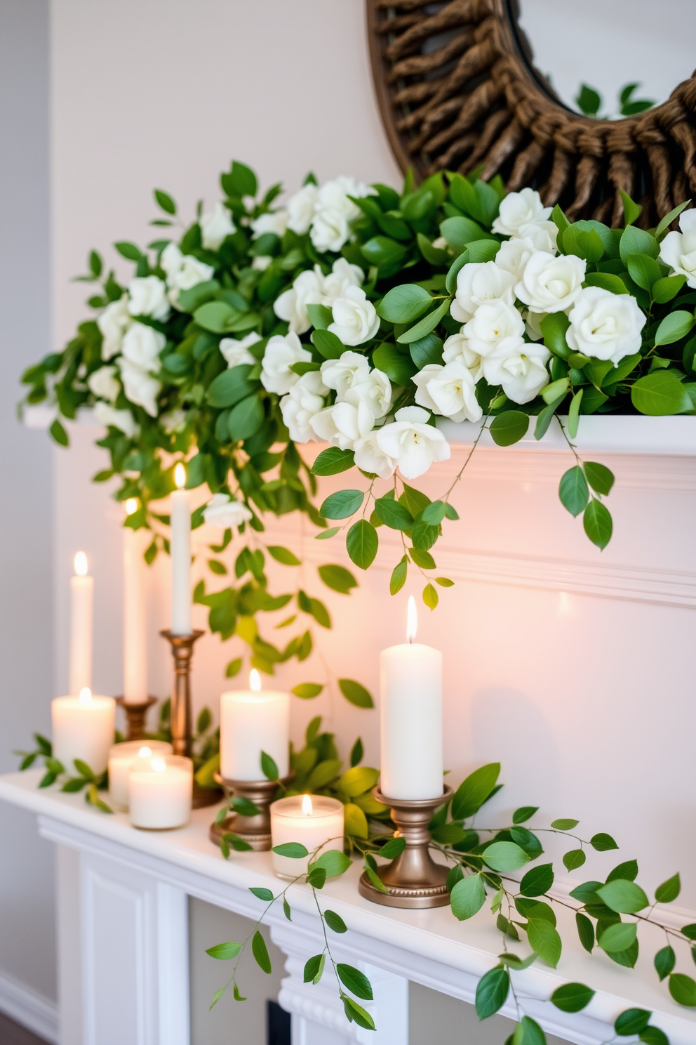 A beautiful spring mantel decorated with an arrangement of lush greenery complemented by elegant white candles. The greenery cascades over the mantel, creating a fresh and vibrant atmosphere, while the soft glow of the candles adds warmth and tranquility to the space.