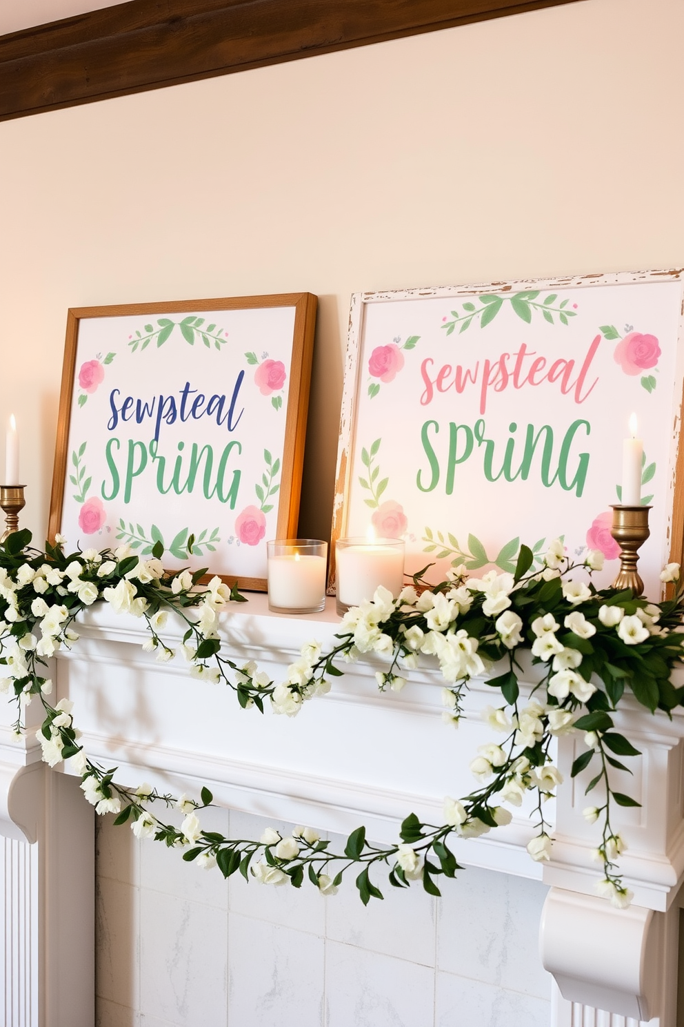 Whimsical spring-themed signs displayed on a charming mantel. The signs feature pastel colors and playful fonts, surrounded by fresh flowers and greenery for a lively touch. Delicate garlands of blossoms drape elegantly across the mantel. Soft candlelight flickers from decorative holders, creating a warm and inviting atmosphere.