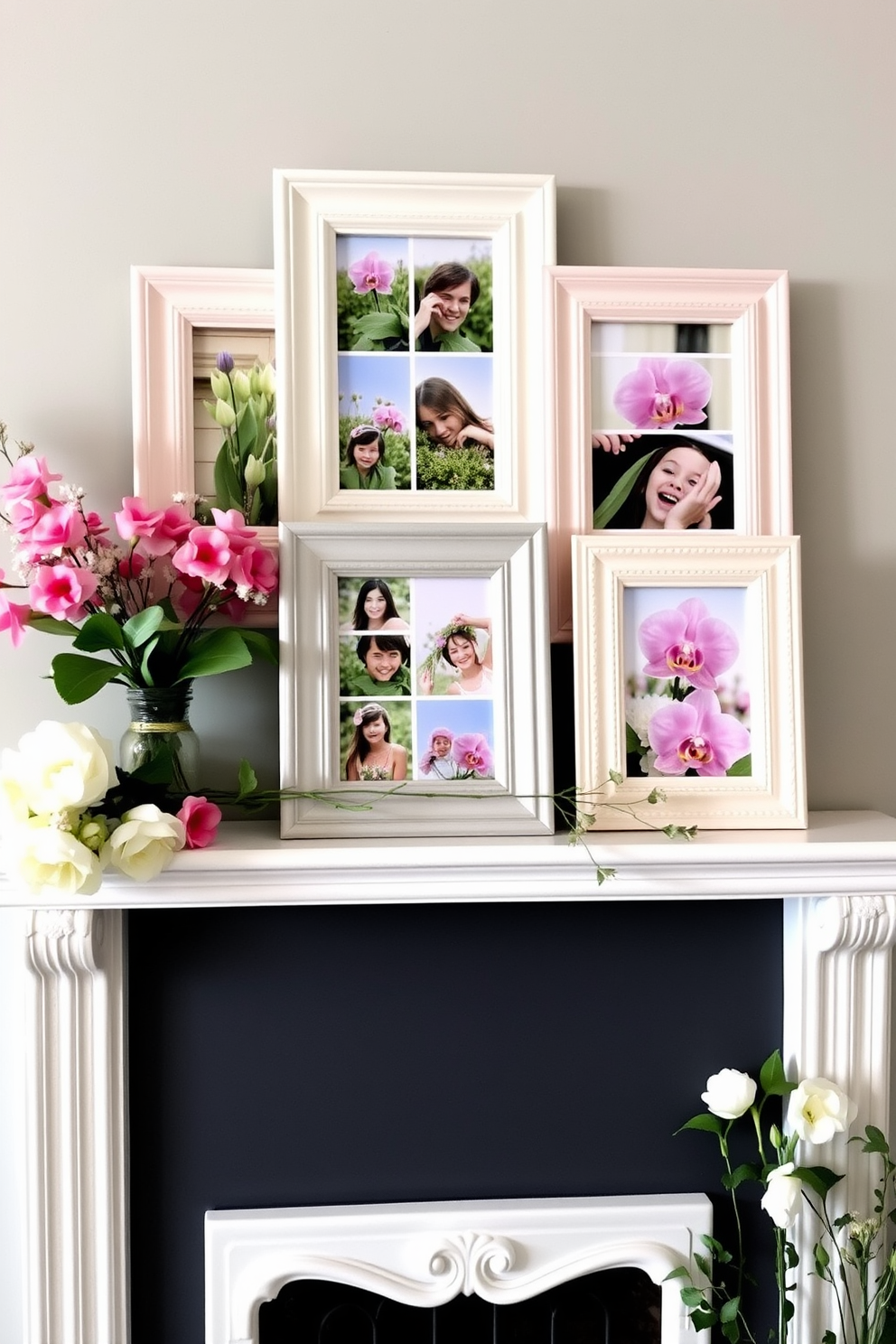 Pastel colored picture frames are arranged on a charming mantel, each displaying a collection of vibrant spring photos. The frames are complemented by delicate floral arrangements and soft greenery, creating a fresh and inviting atmosphere.